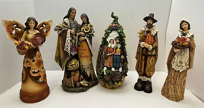 5x Sculpture Fall Harvest Decor Fairy Pumpkin Indian Pilgrim  Statue Resin • $59.97