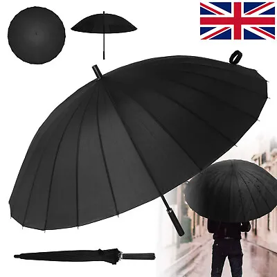 Unisex Super Strong Windproof 24 Steel Ribs Stormproof Folding Black Umbrella • £8.59