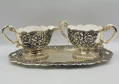 Vintage Price Import Silver Cast Metal White Enamel Cream Sugar Set With Tray • $13.50