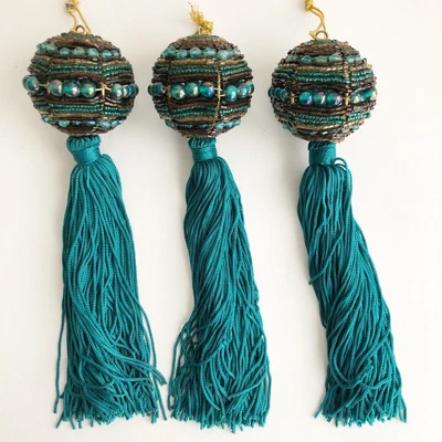 $24 • Buy 3 VTG Christmas Pier 1 Glass Bead Tassel Ornaments Teal Green BlueElegant Boho