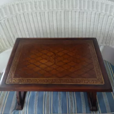 Vintage Bombay Cherry Wood Inlaid Tooled Leather Small Bench Table Ottoman • $189.99