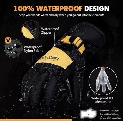 Hikenture Mens Ski Gloves - 3M Thinsulate Snowboard Gloves Waterproof Insulated • $12