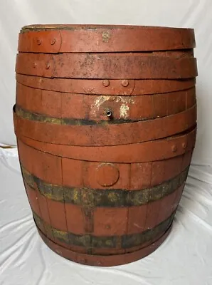 Antique Vintage Red Wood Barrel Keg 23 H 18 D Large 6 Metal Bands • $199