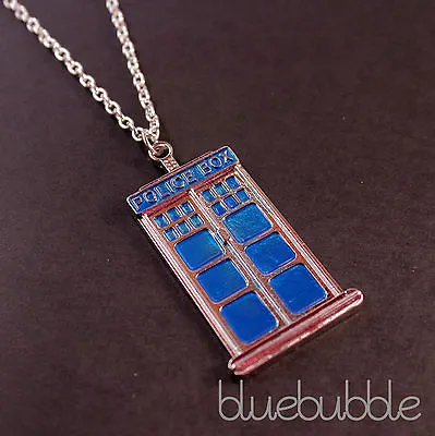 Funky Blue Police Phone Box Necklace Tardis Charm Sci Fi Kitsch Retro 80s Tv Pop • £7