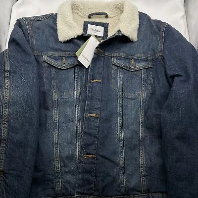 XL Men's Faux Shearling Sherpa Lined Denim Trucker Jacket Goodfellow Dark Wash • $19.99