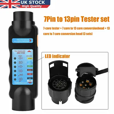 7 Pin Trailer Socket Tester Tow Bar Wiring Circuit Light Test Tool +2 Adapters • £12.39