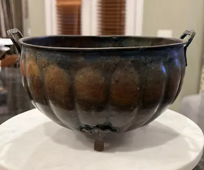 Vintage Hammered Copper Planter / Cache Pot Bowl Patina Feet Handles • $120