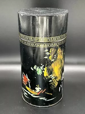A Vintage Chinoiserie Tin Chinese Asian Tea Art Black Gold • $13.95