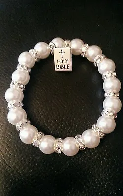 £4.99 • Buy Hand Made Pearl+diamonte Holy Bible First Holy  Communion Bracelet Gift Boxed 