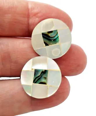 EARRINGS Shell Studs Mother Of Pearl Abalone Resin Backed Discs Mosaic Retro • £5.99