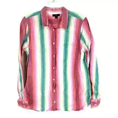 J. Crew Classic Fit Linen Boy Shirt Pink Green Stripe Sz 10 Button Front • $9.94