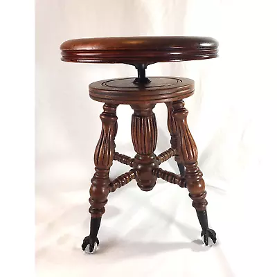 Antique Round Wood Oak Piano Stool Glass Ball Claw Feet Adjustable Swivel Seat • $299