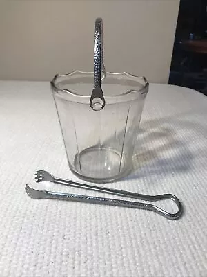 Vtg Scallop Edged Cambridge Clear Glass Ice Bucket With Tongs W/Removable Handle • $48.99