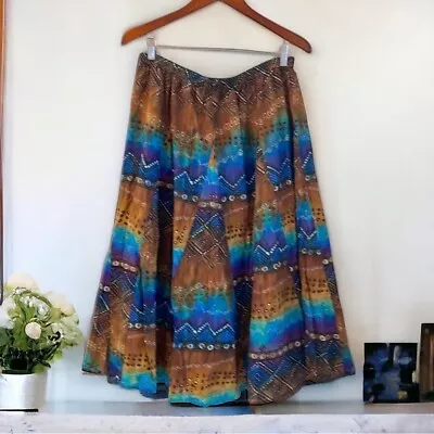 Chicos Midi Skirt Large 2 Cotton Silk Tribal Pull On Elastic Waist Multicolored • $21.95