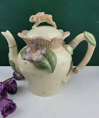  Demdaco Teapot - Bunny Rabbit With Easter Lilly And Leaves - Polka Dots 2001 • $34.24