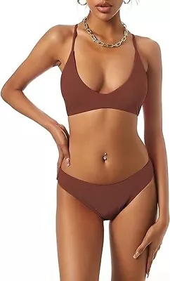 ZAFUL Tie Back Padded High Cut Bralette Bikini Two Piece Swimsuit In Rust Sz 4 • $19.99