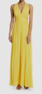 $385 Aidan Mattox Women's Yellow Shirred Silk Chiffon Cutout Gown Dress Size 12 • $123.58