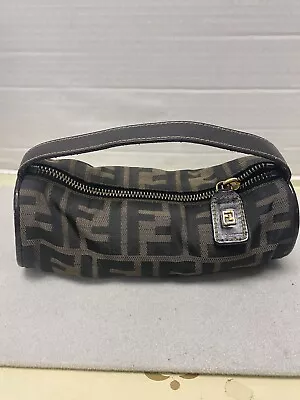 FENDI Vintage Zucca Nylon/leather Hand Pouch Barrel Shaped • $120