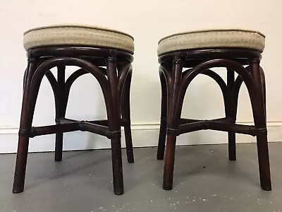 £39.99 • Buy Pair Of Vintage Retro Style Round Cane Bamboo Padded Seat Stools