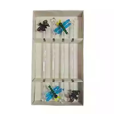 Vtg Lampwork Dragonflies Butterflies Glass Swizzle Sticks Set Of 4 Original Box  • $25