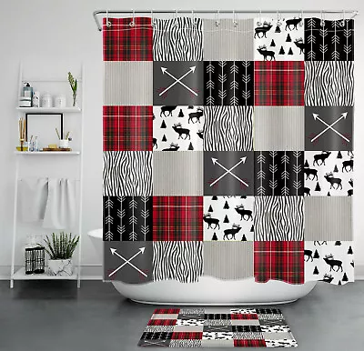 Rustic Buffalo Plaid Wildlife Animal Moose Shower Curtain Set For Bathroom Decor • $9.29