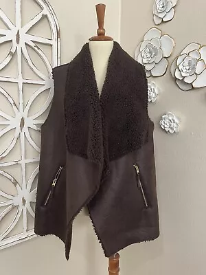 MICHAEL KORS Large BROWN OPEN FRONT SHERPA LINED SLEEVELESS VEST W/ ZIP POCKETS • $24.98