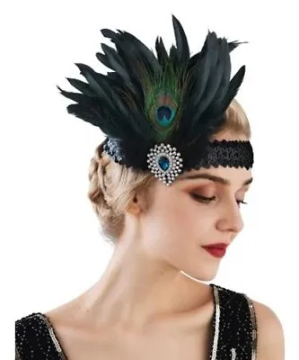 SWEETV 1920s Flapper Headband Peacock Feather Headpiece • $8.99