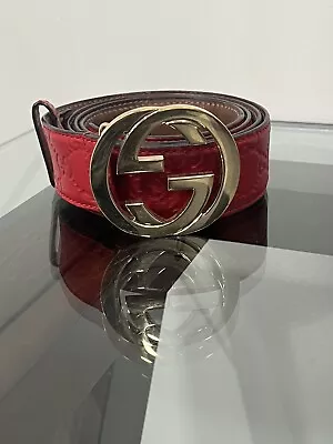 Rare Vintage Gucci  Red Leather Monogram Belt Interlocking GG Gold Size 110/44 • $325