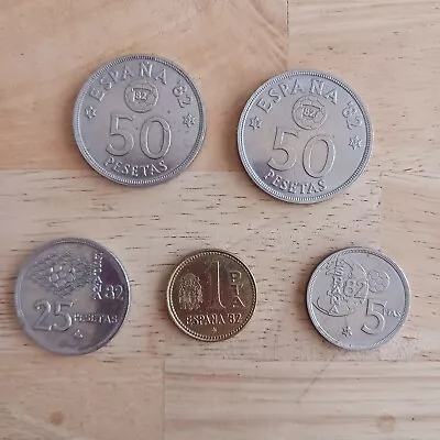 5 Piece Lot Spain 1980/82 World Cup Pesetas Coins Circulated 50 25 5 1 • $25