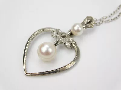 Vintage Art Deco Akoya Pearl Sterling Silver Heart Pendant On 18  Italy Chain • $89.99