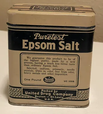 Vintage Puretest Epsom Salt Tin Rexall Store United Drug Company  One LB  Nice! • $18.50