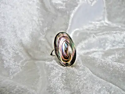 Vintage Sterling 925 Silver 1-1/8  X 5/8  Oval Abalone Ring Size 11.5 Ex Cond • $12.31