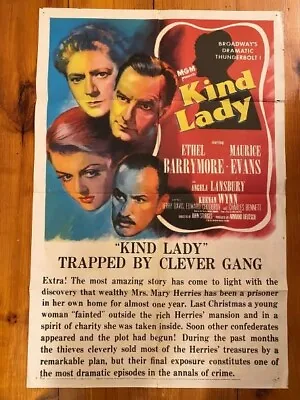 Kind Lady One Sheet 1951 Ethel Barrymore Maurice Evans Angela Lansbury • $11.59