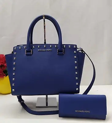 Michael Kors Selma Blue Leather Studded Top Handle Zipper Satchel Bag W/ Wallet • $139.50