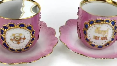 Antique His & Her Couples Moustache Cup Teacup Set Lot Forget Me Not Manly Pink • $99.99