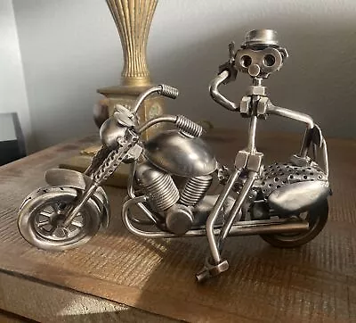 Metal Figurine A Man And His Motorcycle Nuts And Bolts Handmade Art Deco • $29.99