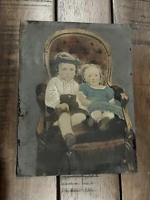Two Cute Children Full Plate Antique Tintype Photo Hand Painted Color Folk Art • $261.63