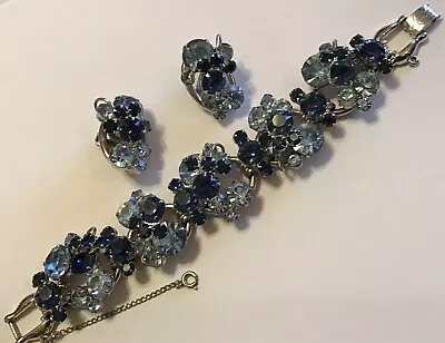 Vintage Juliana D & E 5 Link Light & Dark Blue Rhinestone Bracelet & Earrings • $160