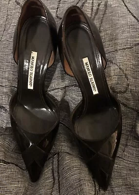 Manolo Blahnik Black Patent Leather With Cow Hair Inserts 3 Inch Heels Size 40.5 • $75