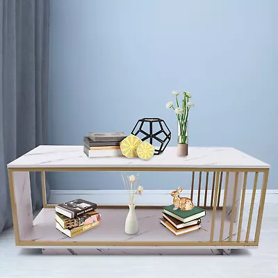 Modern White GOLD Coffee Table High Gloss Marble Veneer Rectangle Living Room • $124.99