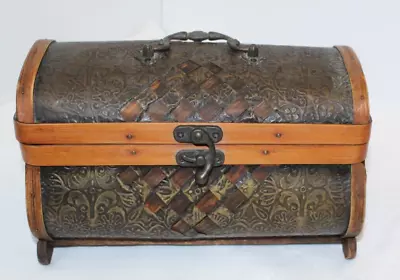 Vintage Wooden Box With Rolled Metal/bambo Hinged Lid Asian Inspired 8 1/2''X5'' • $20