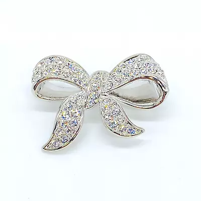 Vintage Silver Tone Bow Brooch Clear Rhinestones Pave Set • $19.97