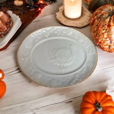 Turkey Serving Platter Milk Glass Anchor Hocking Vtg Gold Trim Thanksgiving Gift • $28.93