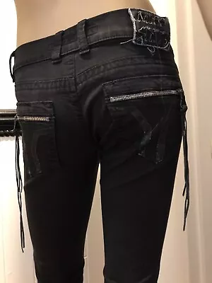 Miss Sixty  Leather Tassle Jeans Vintage Y2k Low Rise Black Size 27 Uk 8 - 10 • £39