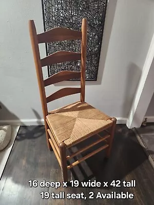 Vintage High Ladderback Chair Rung Dining Hand Turned Solid Wood Woven Rush Seat • $269