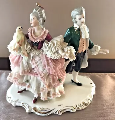 Vintage Dresden Art Porcelain Victorian Dancing Couple W/ Parrot 7-1/2  *Read* • $65