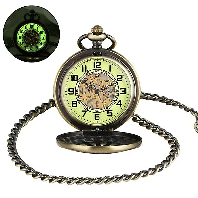 Classic Mechanical Black Steampunk Skeleton Pocket Watch With Chain For Men • £20.63