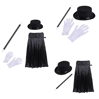 US 4 Set Magician Costume For Kids Cosplay Top Hat Cape Magic Wand+Gloves Outfit • $10.02