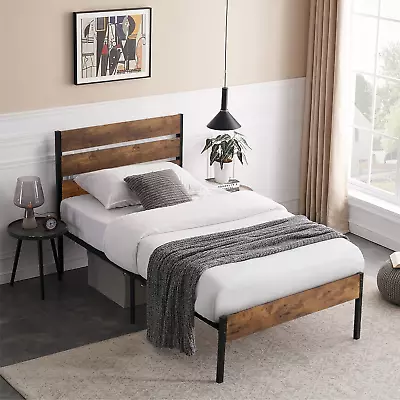 Platform Twin Bed Frame With Rustic Vintage Wood Headboard Mattress Foundation • $145.11