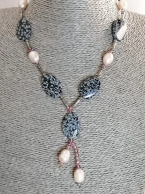 925 Sterling Silver Cultured Freshwater Pearl Necklace Snowflake Obsidian 39 • £26